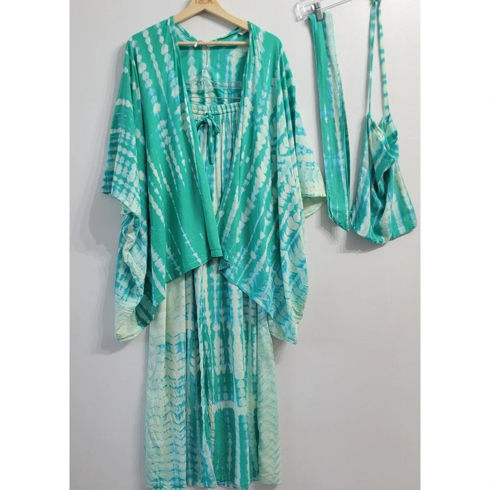Style Park-J Tie Dye 3-Piece Set Women Turquoise Kimono Pants Bag Resort  Elasti